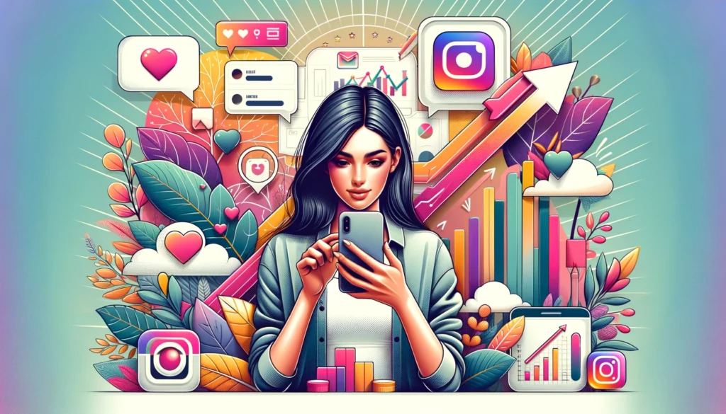 A young woman immersed in managing her Instagram account on her smartphone, surrounded by icons representing engagement and growth.