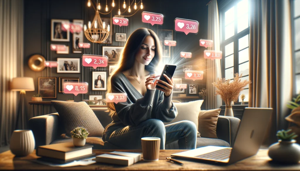 A young woman sitting in a cozy, stylish living room, looking at her smartphone with joy as notifications of likes, comments, and new followers flood in, symbolizing the tangible benefits of Instagram fame.