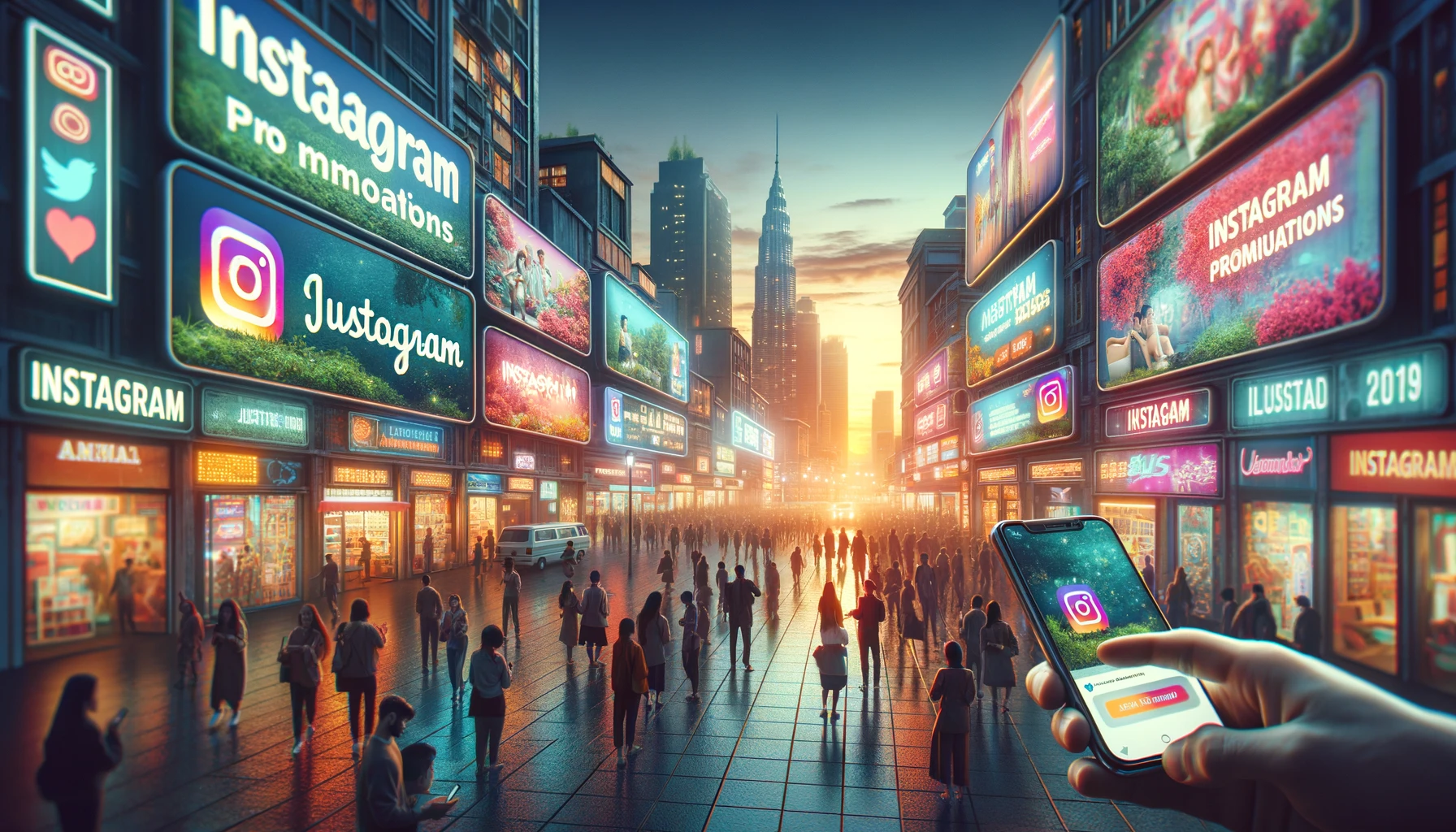 An urban evening scene bustling with activity, showcasing Instagram promotions on large digital screens and billboards, with people engaging on their mobile devices.