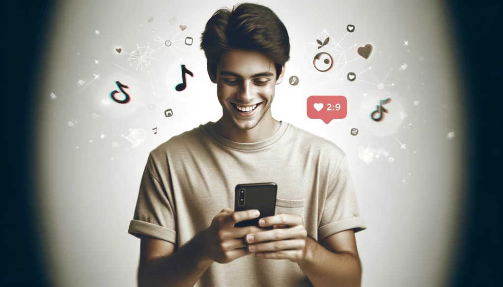 A joyful young man smiling as he uses TikTok on his smartphone, surrounded by subtle TikTok icons like music notes and hearts, against a minimalistic background.